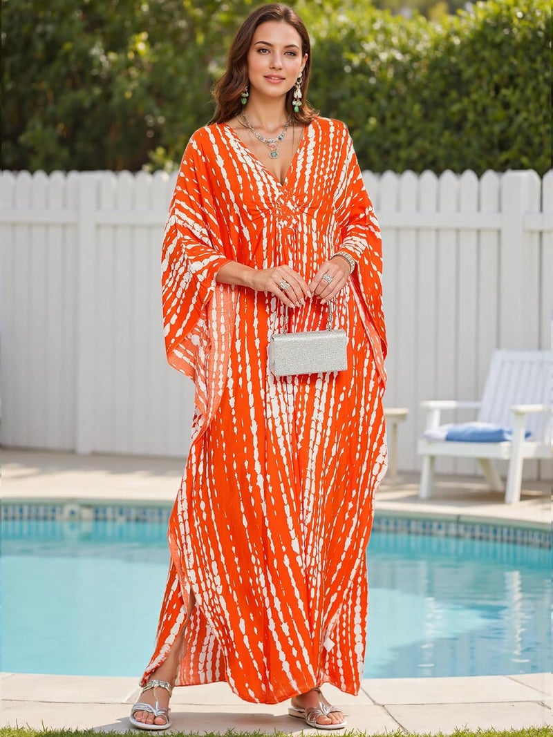 IMAGEKOPE Women's Plus Size Animal Print V-Neck Batwing Kaftan Beach Dress Bathing Suit Cover-Up Loungewear - Image 4